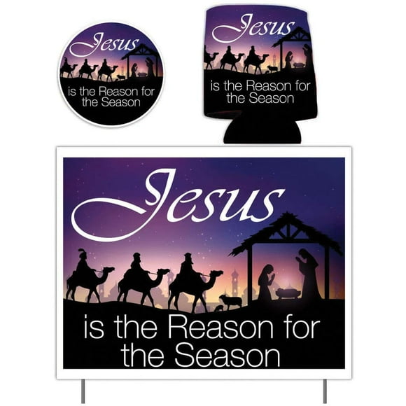 VictoryStore Yard Signs: Jesus Is The Reason For The Season Yard Sign, Christmas Can Cooler and Christmas Car Decal | Yard Sign is Printed 2 Sided Includes Stakes