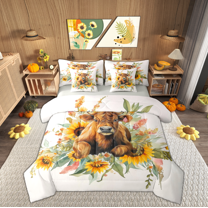 Manfei Kawaii Highland Cattle Bedding Comforter Set 7pcs, Rustic Groovy Flower Floral Queen Bedding Sets, Farmhouse Animal Reversible Queen Sheet Sets, Luxury Bedroom Decor