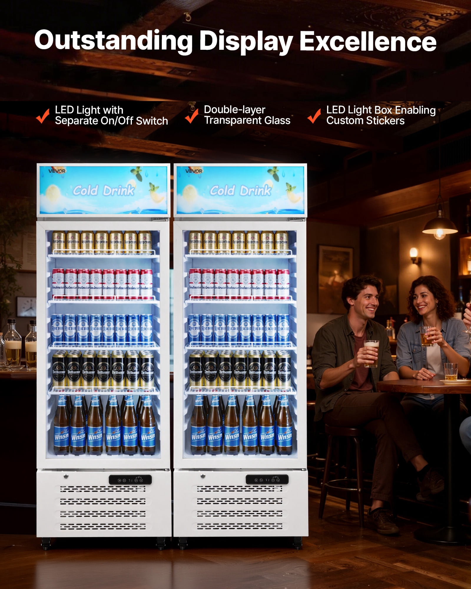 VEVOR Commercial Merchandiser Refrigerator, 9.6 Cu.Ft / 273 L Glass Door Display Refrigerator, Upright Beverage Cooler with Customizable Lightbox,4 Adjustable Shelves & Soft LED Light for Homes Shops