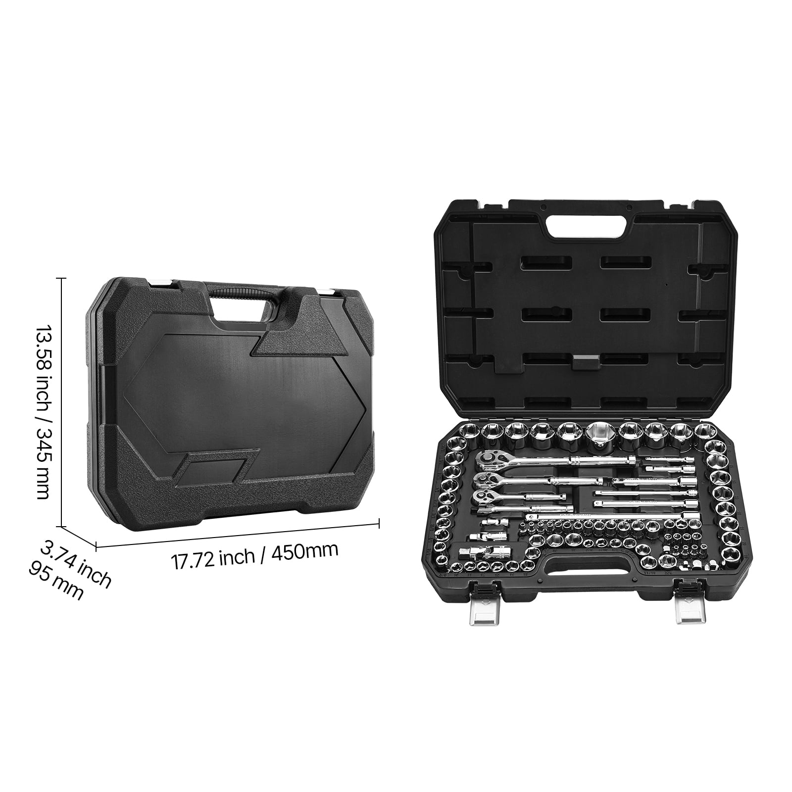 KFFKFF 86-Piece Socket Set, 3/8, 1/4, and 1/2 Inch Drive, SAE and Metric Sizes, Mechanic Tool Kit with Ratchet Wrenches, Accessories, and Durable Storage Case, Made of CR-V Alloy Steel