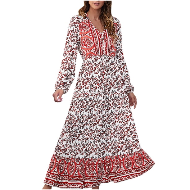 Vestido largo estampado de manga larga con cuello en V informal para mujer sexy a la moda Fridja NMB2080