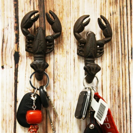 Ebros Set of 2 Cast Iron Nautical Cajun Creole Crawfish Baby Lobster Tail Wall Hooks in Rusty Vintage Finish 4.75