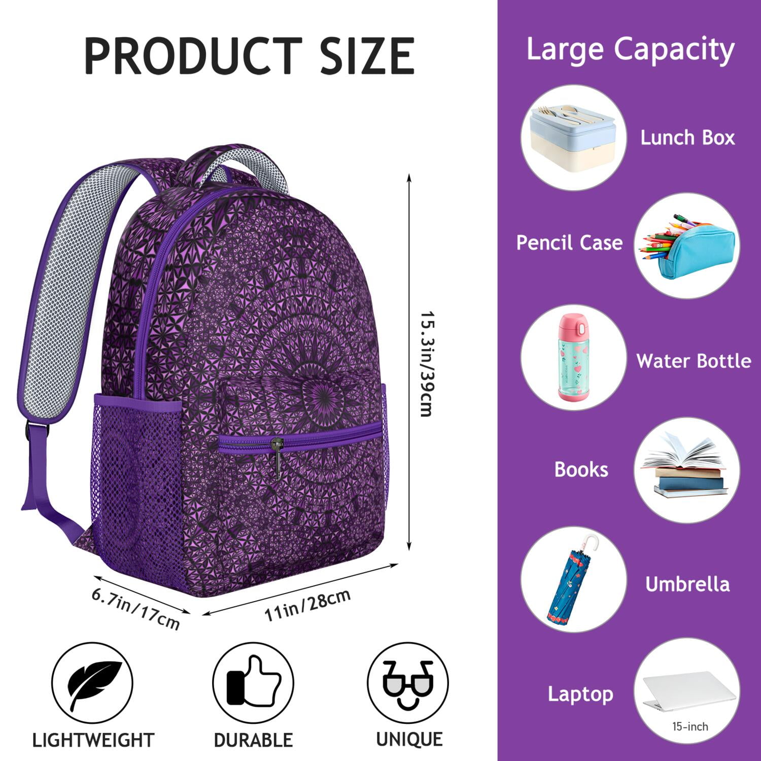 Zen Spiritual Backpack for Students - Lightweight Waterproof School Bag with Breathable Mesh Straps, Indian Ornament Style, Organized Pockets