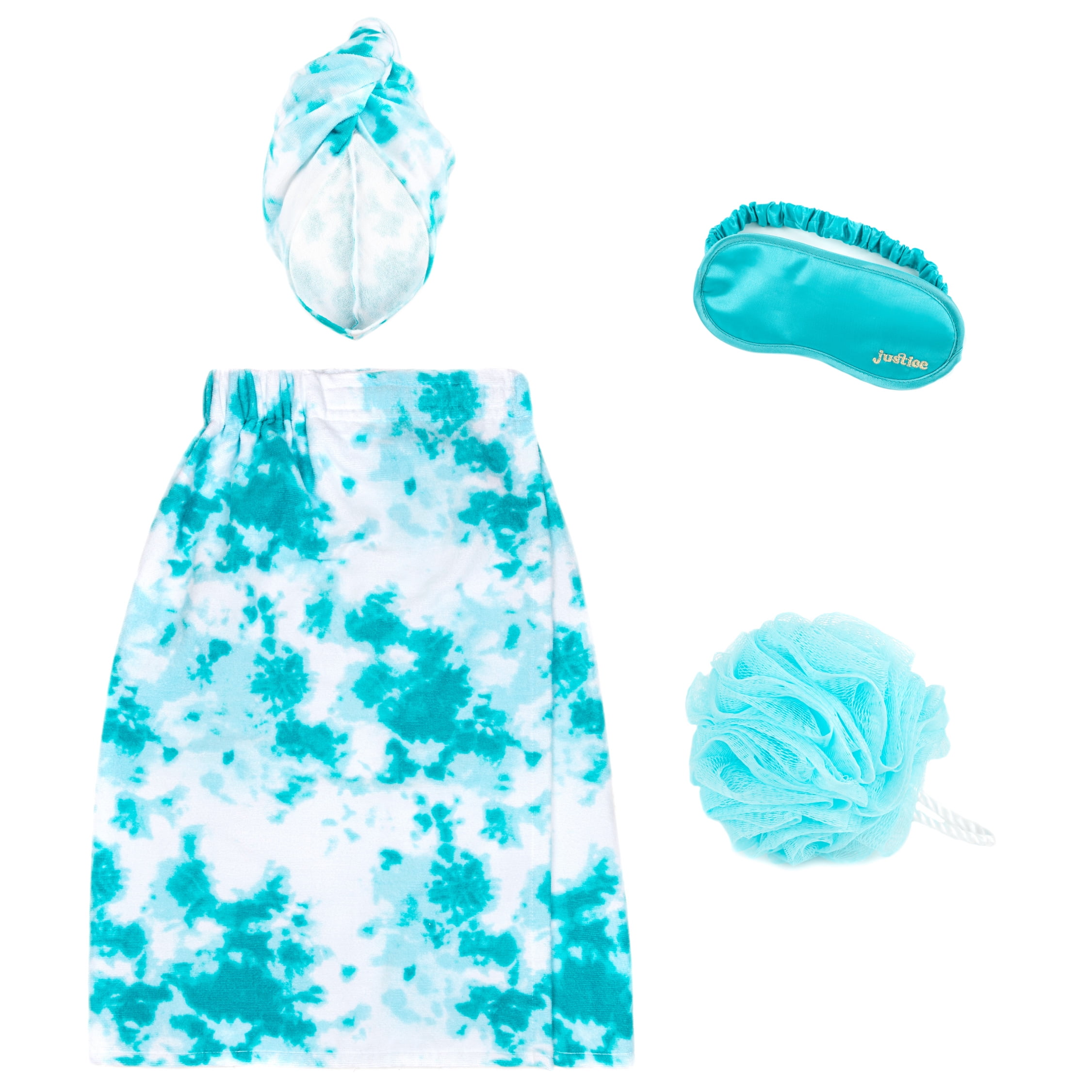 Justice Blue Tie Dye 4-Piece Spa Set with Bath Towel Wrap, Head Wrap, Eye Mask and Loofah