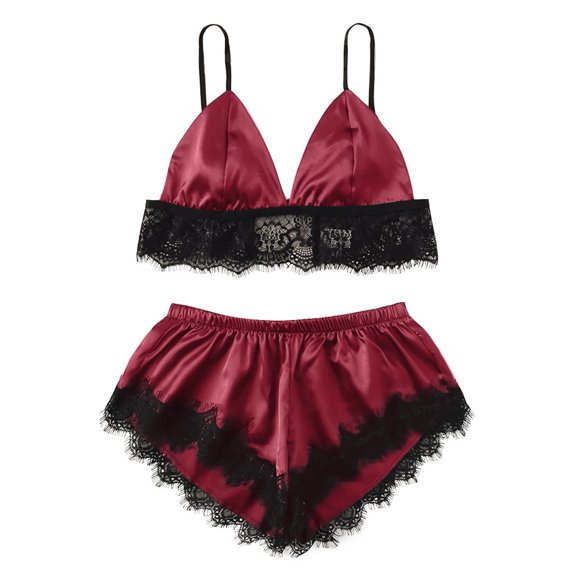 Ersazi Newlace Lingerie Silk Underwear Sleepwear Underwear Pajamas Satin Couple Pajamas Wine M