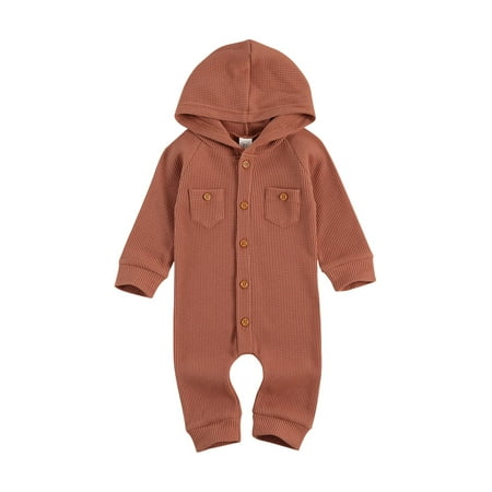 

Winter Newborn Baby Boy Girl Solid Romper Infants Front Single Breasted Hooded Outfit Clothes Waffle Cotton Button Jumpsuits