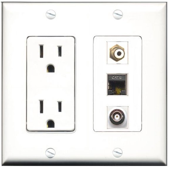RiteAV - 15 Amp Power Outlet 1 Port RCA White 1 Port Shielded Cat6 Ethernet Ethernet 1 Port BNC Decorative Wall Plate