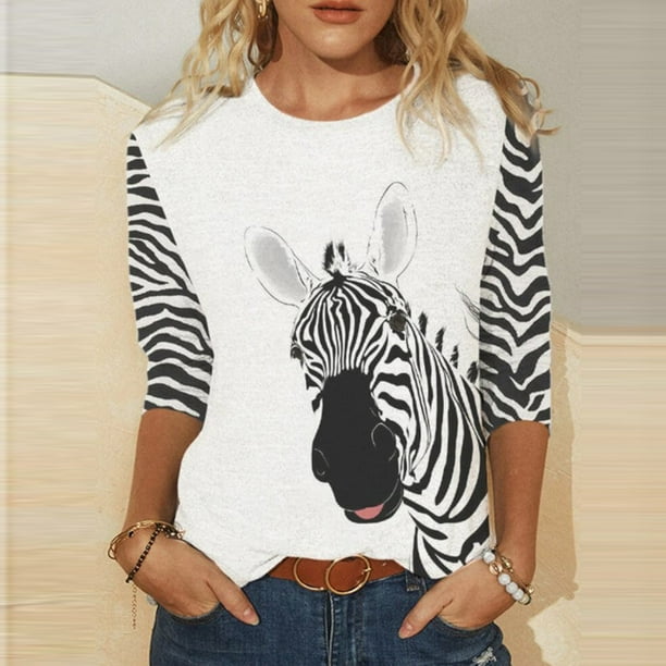 Puntoco - Camiseta holgada con estampado de moda para mujer, blusa de manga 3/4 de longitud media, cuello redondo, tops casuales Puntoco Puntoco-3485