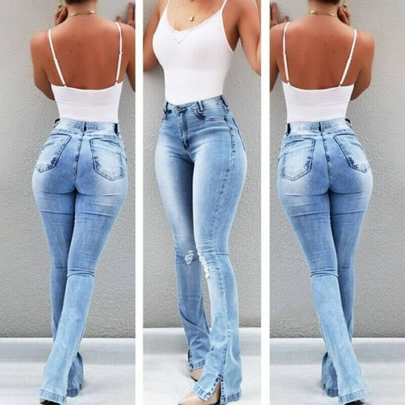Women High Waisted Skinny Pocket Stretch Slim Button Trousers Hole Flare Pants Denim Jeans