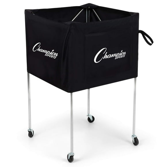 Champion Sports Folding Volleyball Cart with Wheels, Holds up to 30 Balls - Rolling, Portable Ball Carts with Reinforced Canvas, Non-Marring Swivel Casters - Premium Volleyball Storage Equip
