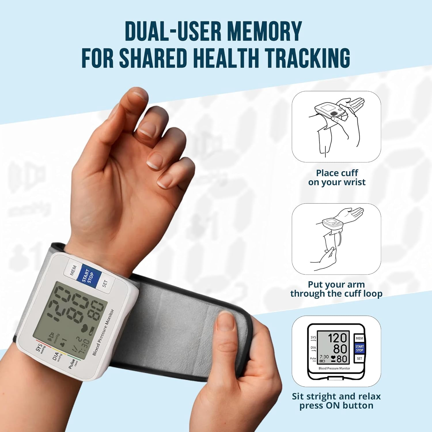 Primacare DS-8006 Wrist Blood Pressure Monitor with Case, Battery Operated, 2x90 Memory