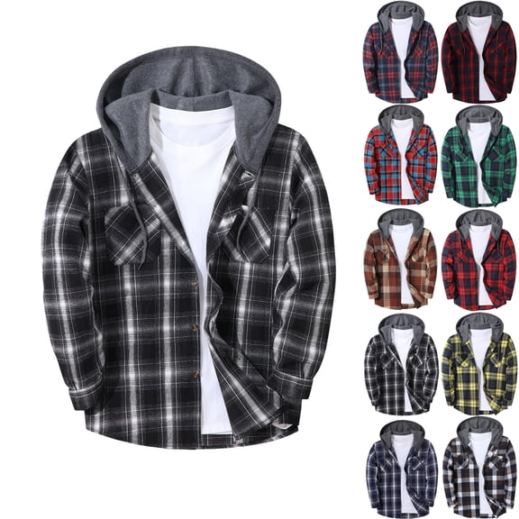 Mens Plaid Fleece Jacket Dqueduo Men's Flannel Plaid Long Sleeve Hooded Button Front Chest Pocket Casual Shirt Jacket Black XL