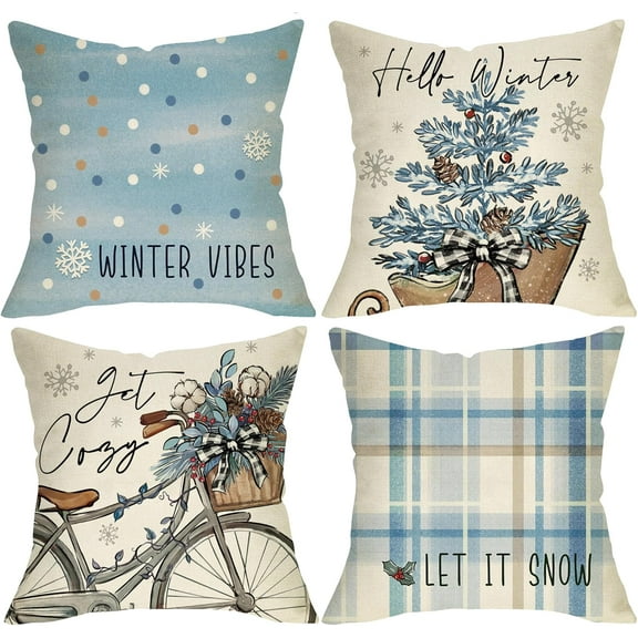 Hello Winter Vibes Bike Decorative Throw Pillow Covers 16 x 16 Set of 4, Get Cozy Bicycle Christmas Tree Porch Outdoor Home Decor, Let It Snow Blue Plaid Polka Dot Farmhouse Couch Cushion Case
