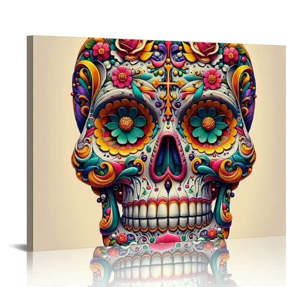 YILUYINQING Sugar Skull Flowers Cross Canvas Print Wall Decor- Home Art Decor For Bedroom, Kitchen - Ready To Hang Room Decor 16x12in