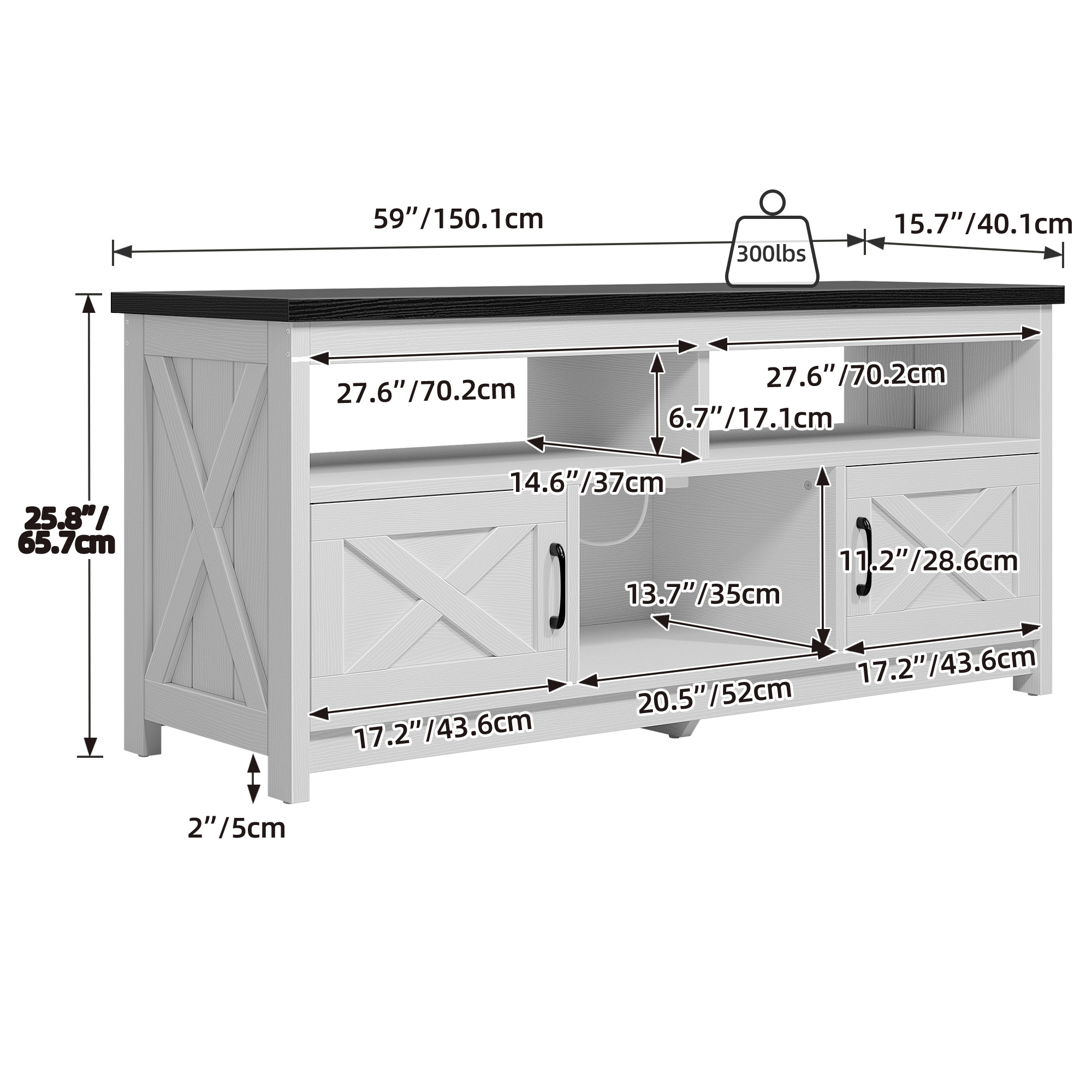 Dextrus Farmhouse TV Stand for 65" TV, White/Black photo 7