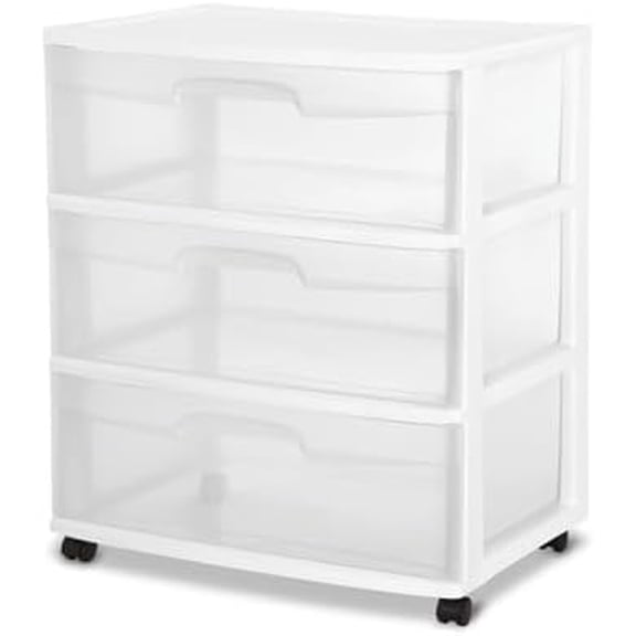 Wide 3 Drawer Storage with Wheels, Plastic Rolling Organization Cart, White Frame