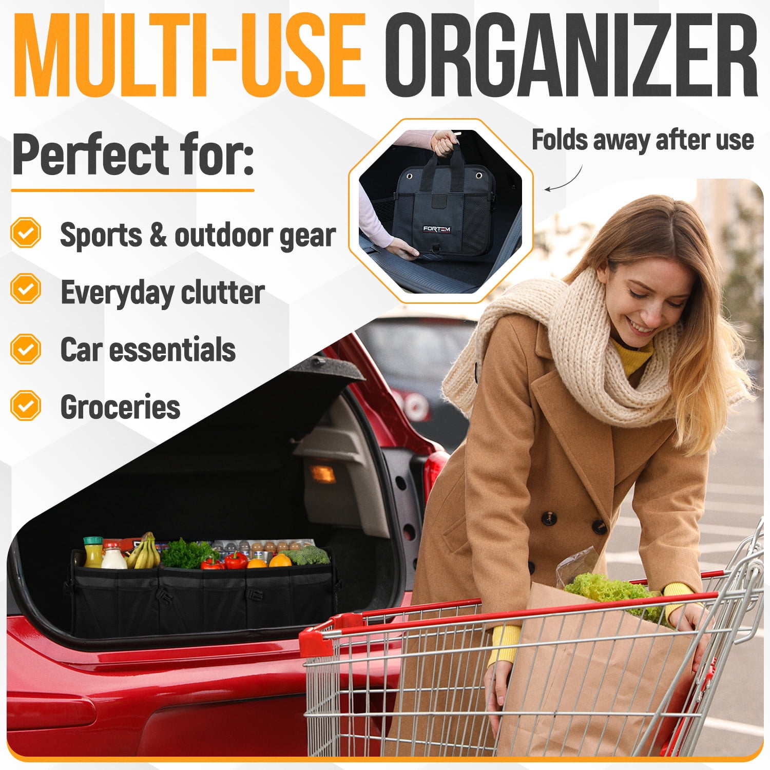 FORTEM SUV Trunk Organizer, Car Organizer, Collapsible Multi-Compartment Storage Bag for Car Accessories for Women Men, 1680D Oxford, Non Slip Bottom, Adjustable Straps, Soft Cover (90L)