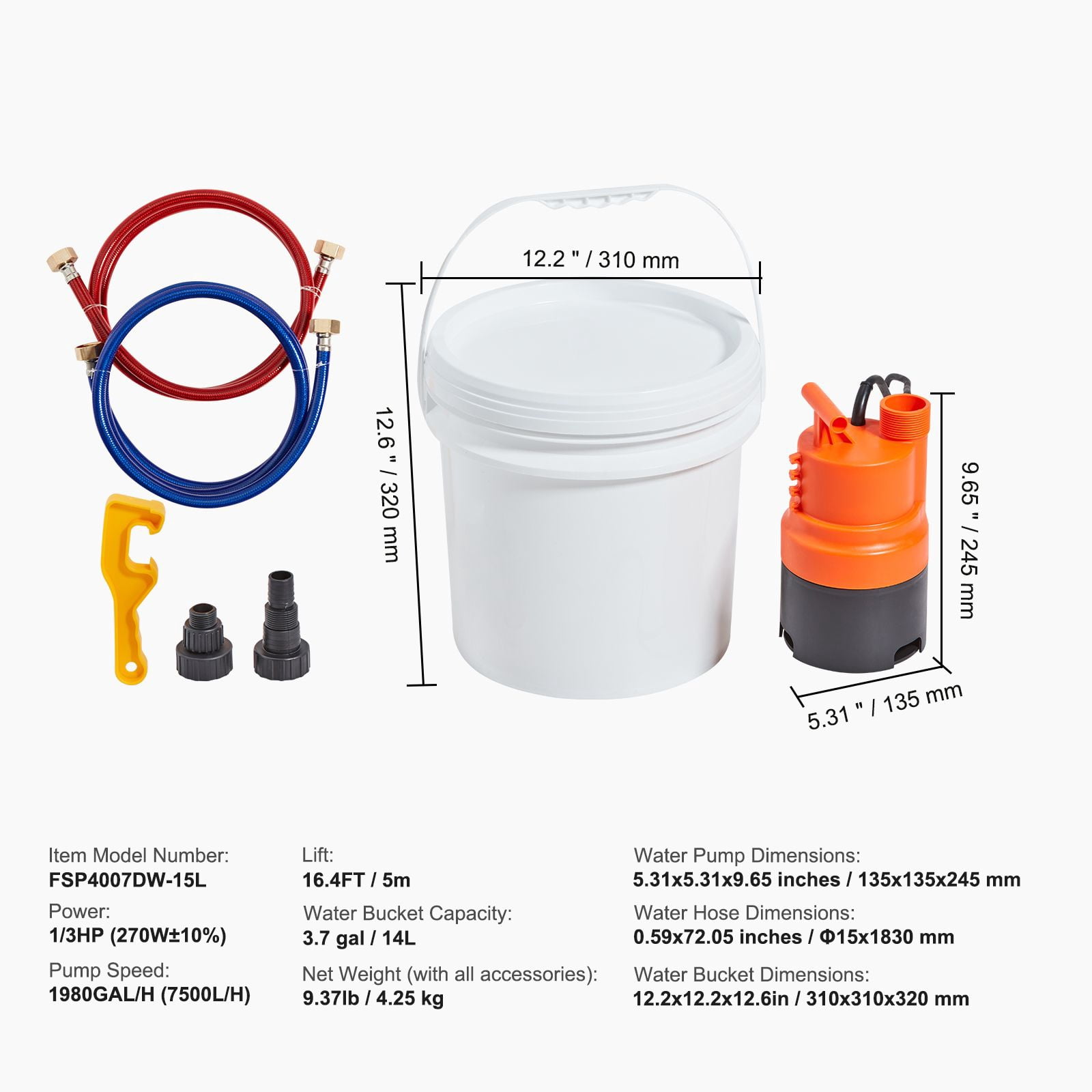 Tankless Water Heater Flushing Kit, Includes Efficient Pump & 3.7 Gallon Pail & 2 Hoses, Wrench and Adapter for Quick Install, Easy to Start Water Heater Flush Descale Kit Anti-corrosion