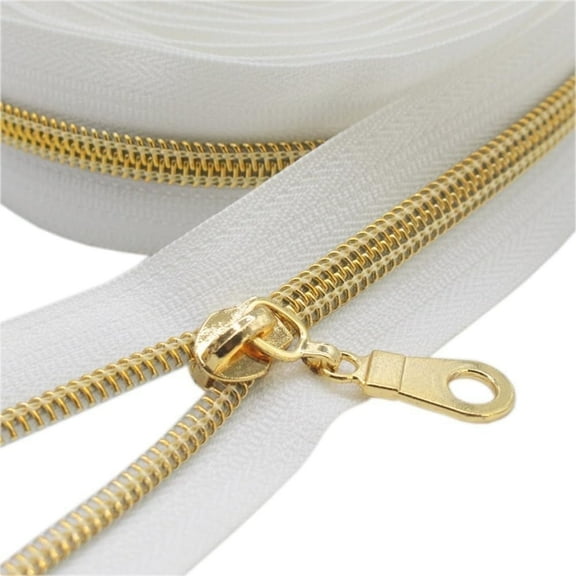 YUXNET #5 Gold Metallic Nylon Coil Zippers by The Yard Bulk White Tape5 Yards with 10pcs Gold Pulls forSewing Tailor Craft Bag (White) Gold White