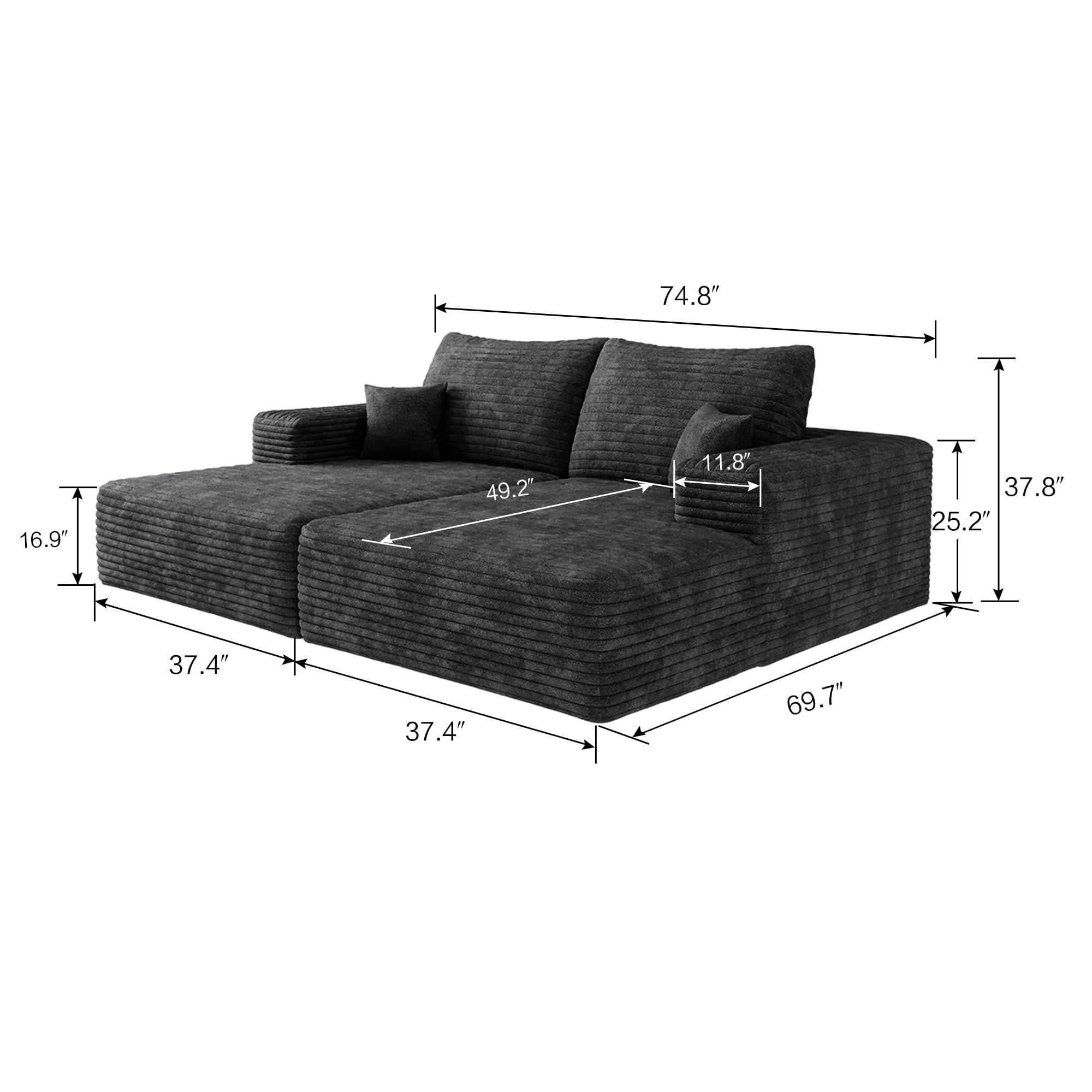 MAYEERTY 74.8" Modern Dual Sleeper Sofa Bed, Movie/Bonus Room Lounger, No Assembly Plush Corduroy Fabric, Black (2 packages)