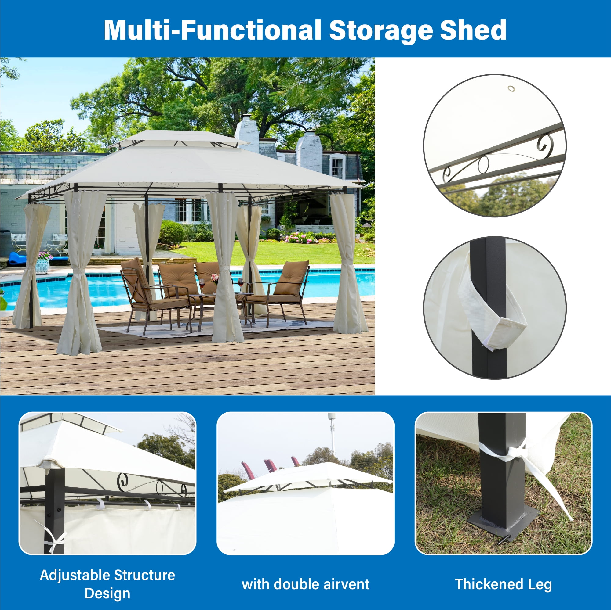 Outdoor Patio Gazebo 13x10 with Double Roof & Sidewalls, Steel Frame Canopy Tent with Detachable Curtains, Backyard Shelter for Lawn, Garden, Deck, Beige