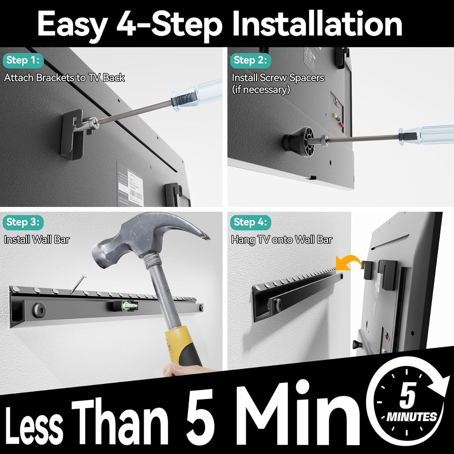 No Drill TV Wall Mount for 22 to 55 inch TVs, Drywall Smart Bracket Tilts Up 5°, Low Profile TVs up 100 Lbs, Fast Install Bedroom, Living Room, Include All Hardware kit