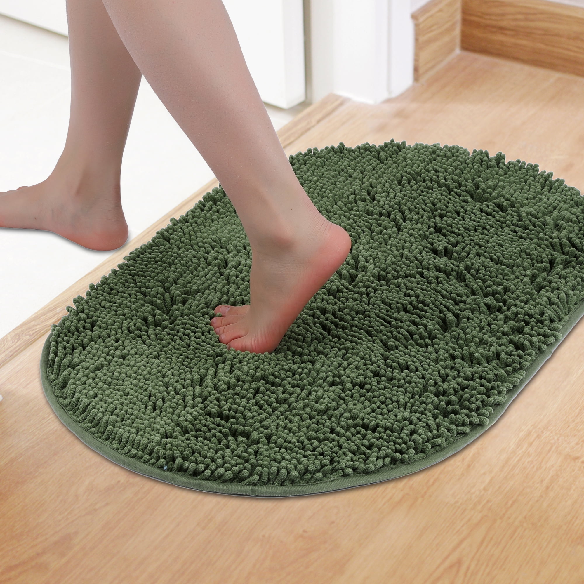 Unique Bargains Oval Plush Bath Mat Soft Non Slip Washable Rug Green 16" x 24"