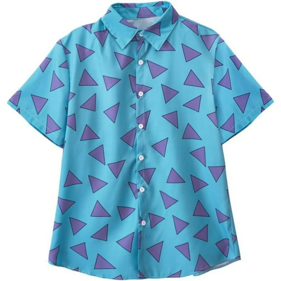 Rocko's Modern Life Retro Blue Triangle Print Button-Down Shirt – 90s Inspired Casual Hawaiian Style for Men