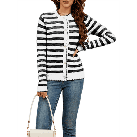Women's Cardigan Sweaters Striped Open Front Button Down Knitted Coat Cropped Fall Outwear White & Black L