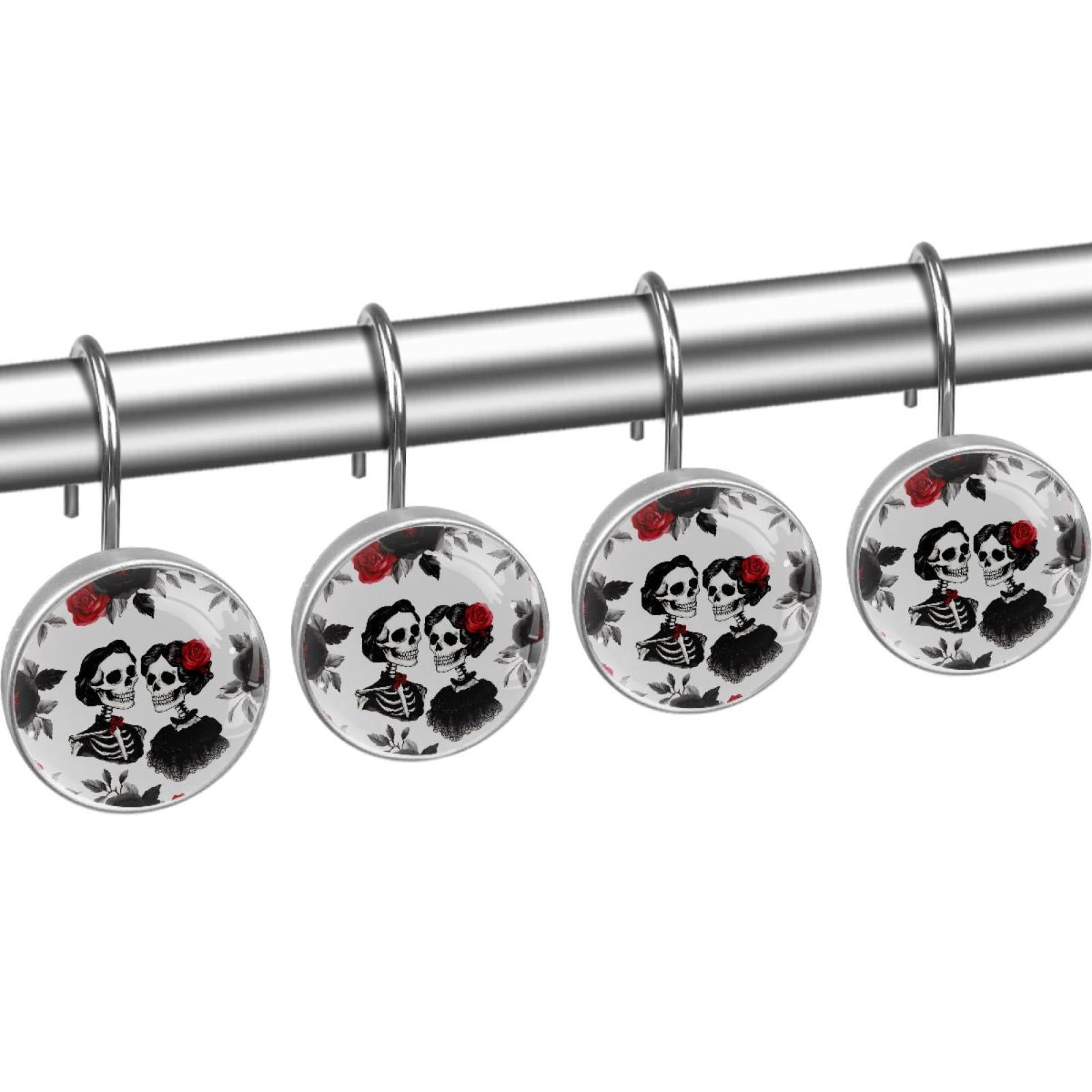 Skeleton Lover Black Red Roses Shower Curtain Hooks Round Crystal Glass, Set of 12 Shower Curtain Rings - Shower Hooks for Curtain Shower Rings