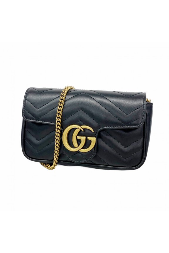Pre-Owned Gucci GG Marmont 476433 Leather Shoulder Wallet (Black) for Women