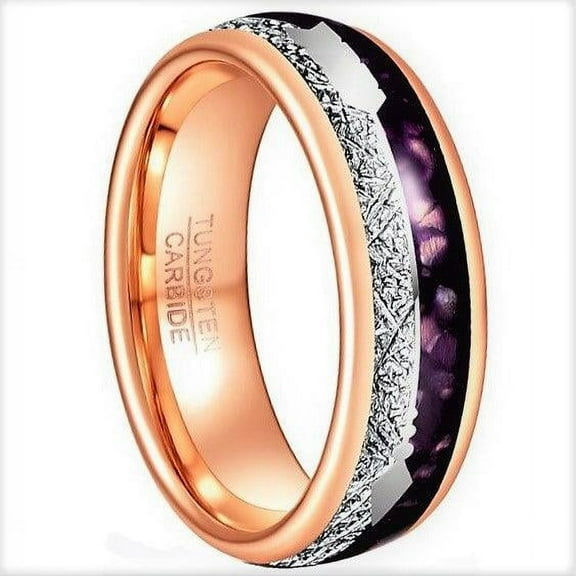 Tungsten Rings for Men Wedding Bands for Him Womens Wedding Bands for Her 8mm Rose Gold Purple Agate Meteorite Arrow