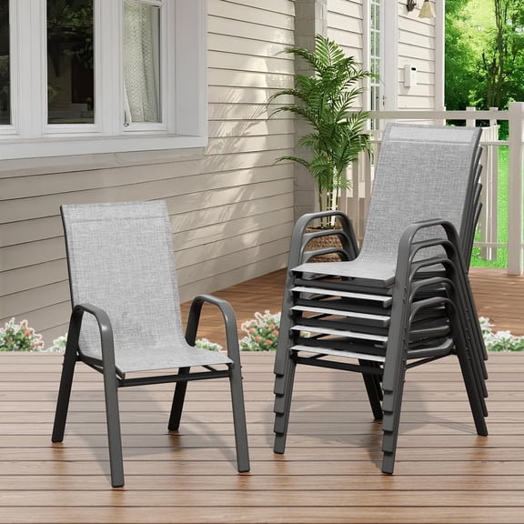 Garvee Stackable Patio Chairs Set of 6, Outdoor High-Back Garden Dining Chairs with Breathable Textilene Fabric & Metal Frame, Black-Gray, Space-Saving for Lawn Backyard Poolside