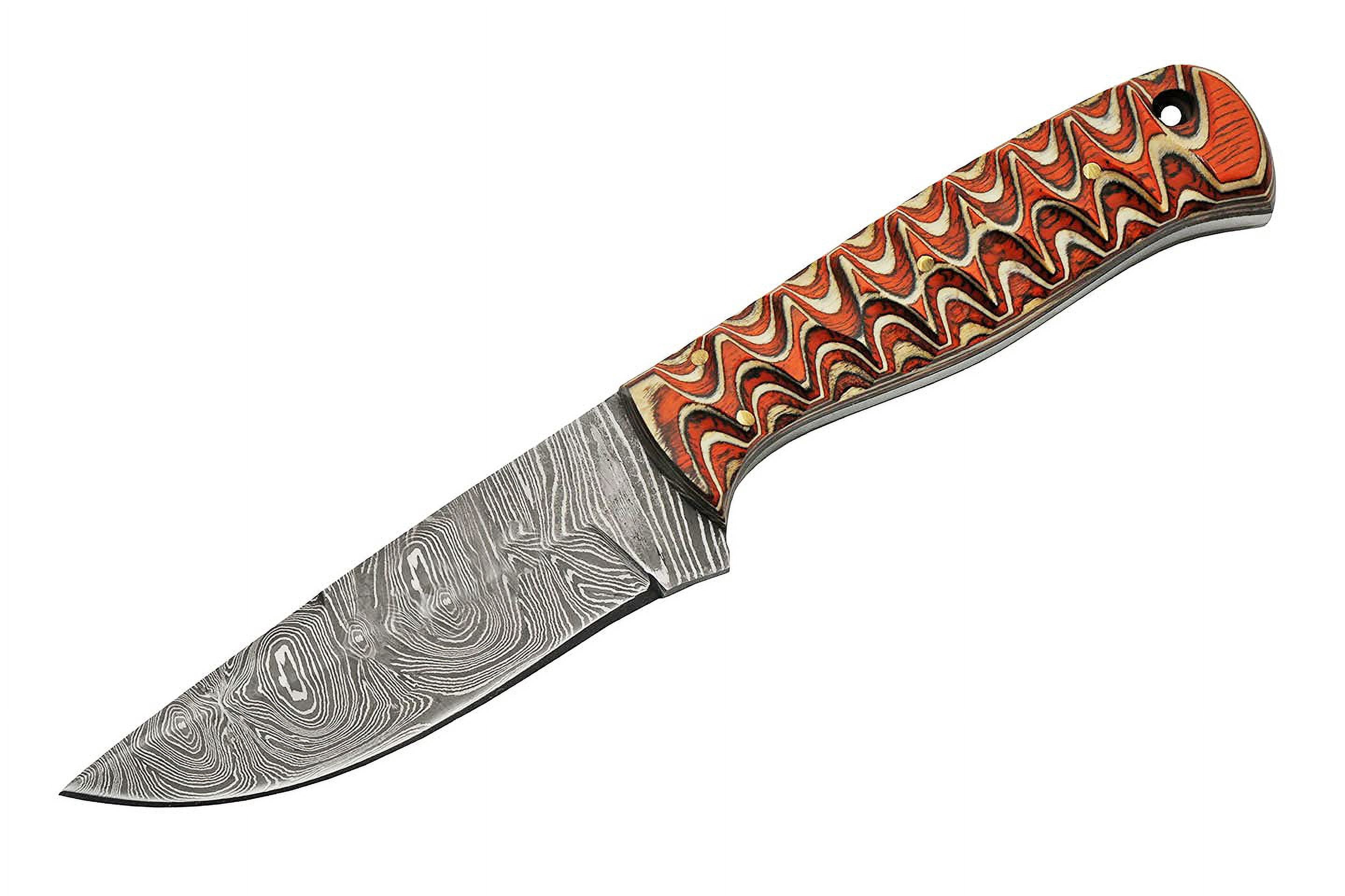 SZCO Supplies 8" Damascus Steel Fixed Blade Outdoor Knife with Twisted Orange Wood Handle and Leather Sheath