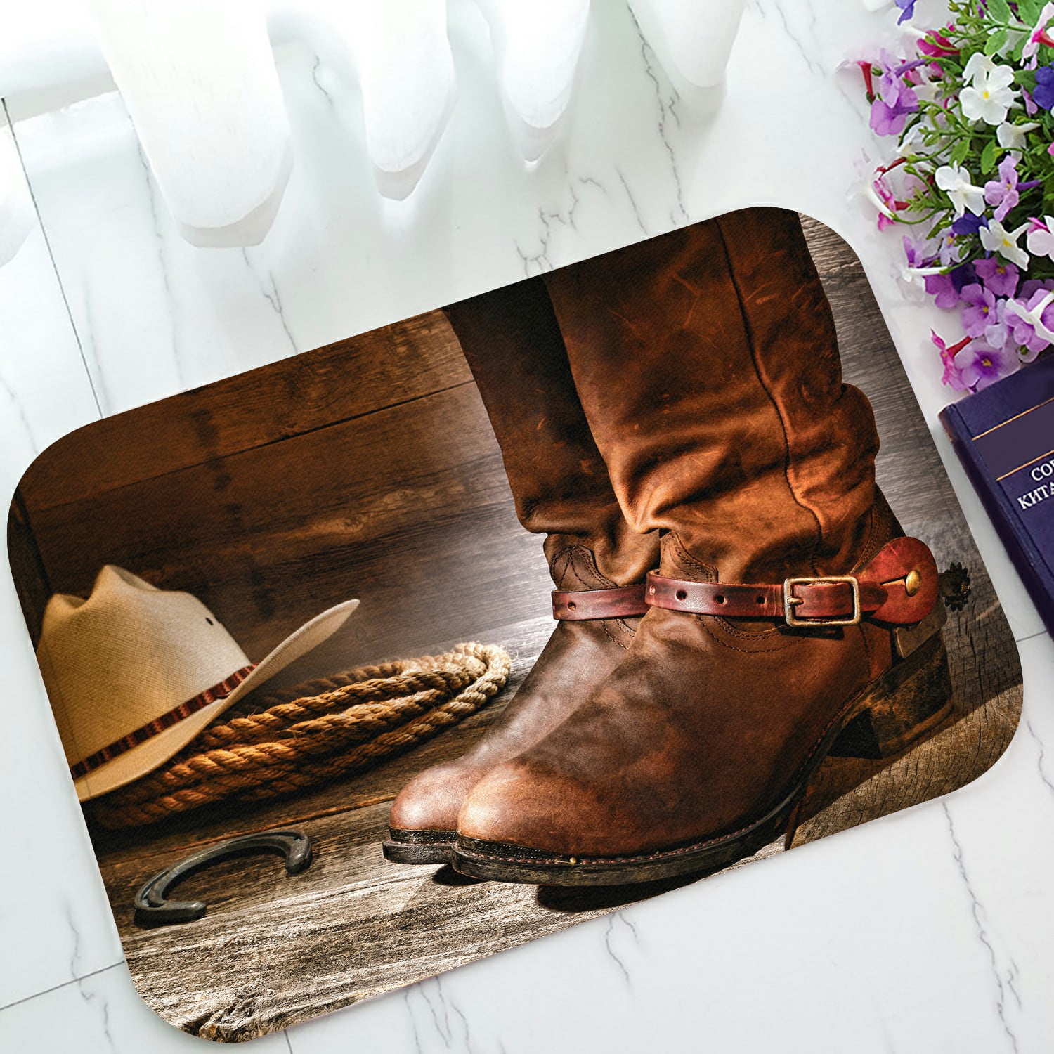 ECZJNT American West Cowboy leather roper boot spurs barn Doormat Bath