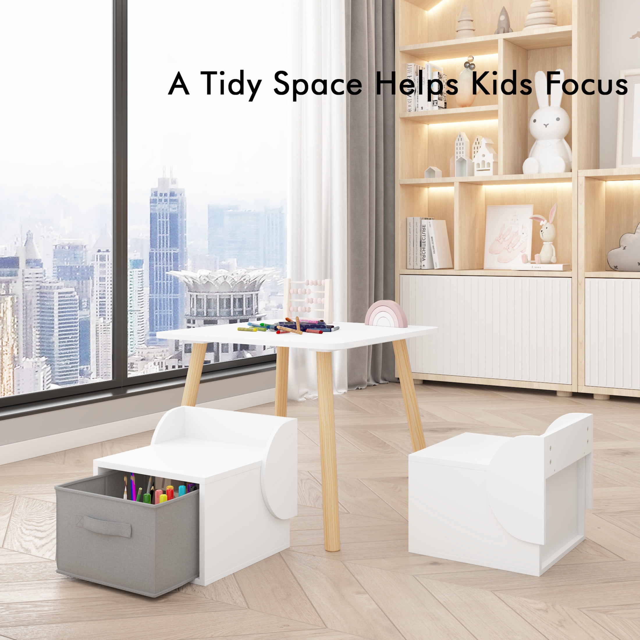 Noble House Lornic Scandi Kids Play Table and Chair Set, 3-Piece Toddler Activity Set with Storage Drawers, White & Natural