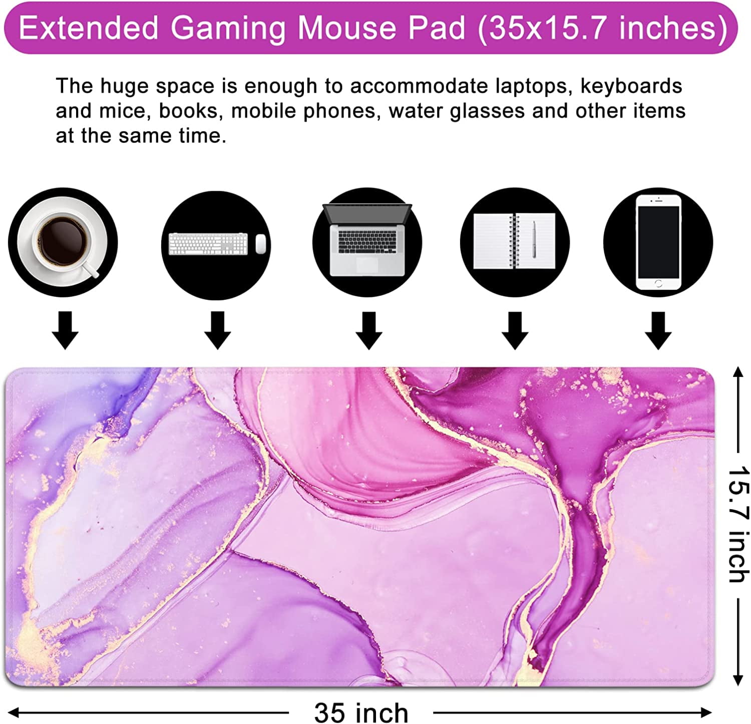 Purple Marble Mouse Pad XXL Large Mouse Pad for Desk 35x15.7x0.12 inch Desk Mat Gaming Mouse Pad (Purple)