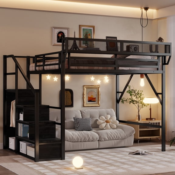 Mirightone Queen Loft Bed with Storage Stairs & Wardrobe, Heavy Duty Metal Frame with Stability Support, Wide Steps for Adults & Teens,All black