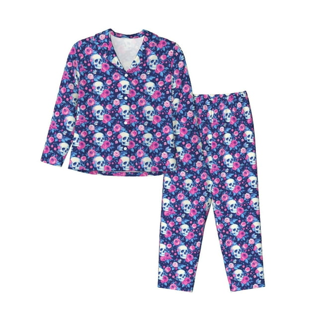 Kdxio Skull Flower Print Womens Pajamas Set Button Down 2 Piece Pjs Long Sleeve Oversized Sleepwear with Pockets-Large
