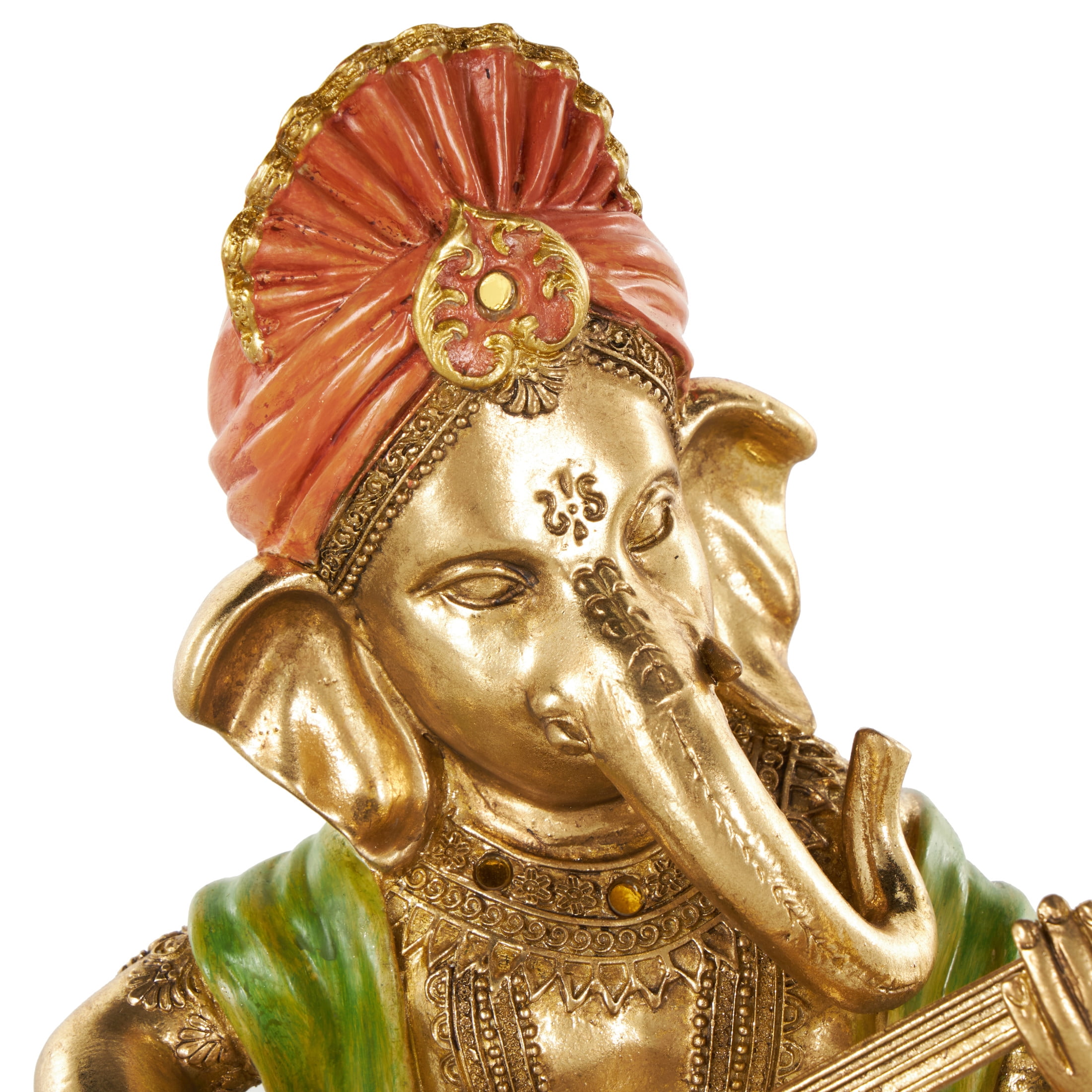 9" x 11" Gold Resin Musician Ganesh Sculpture with Green, Yellow, and Red Accents, by DecMode