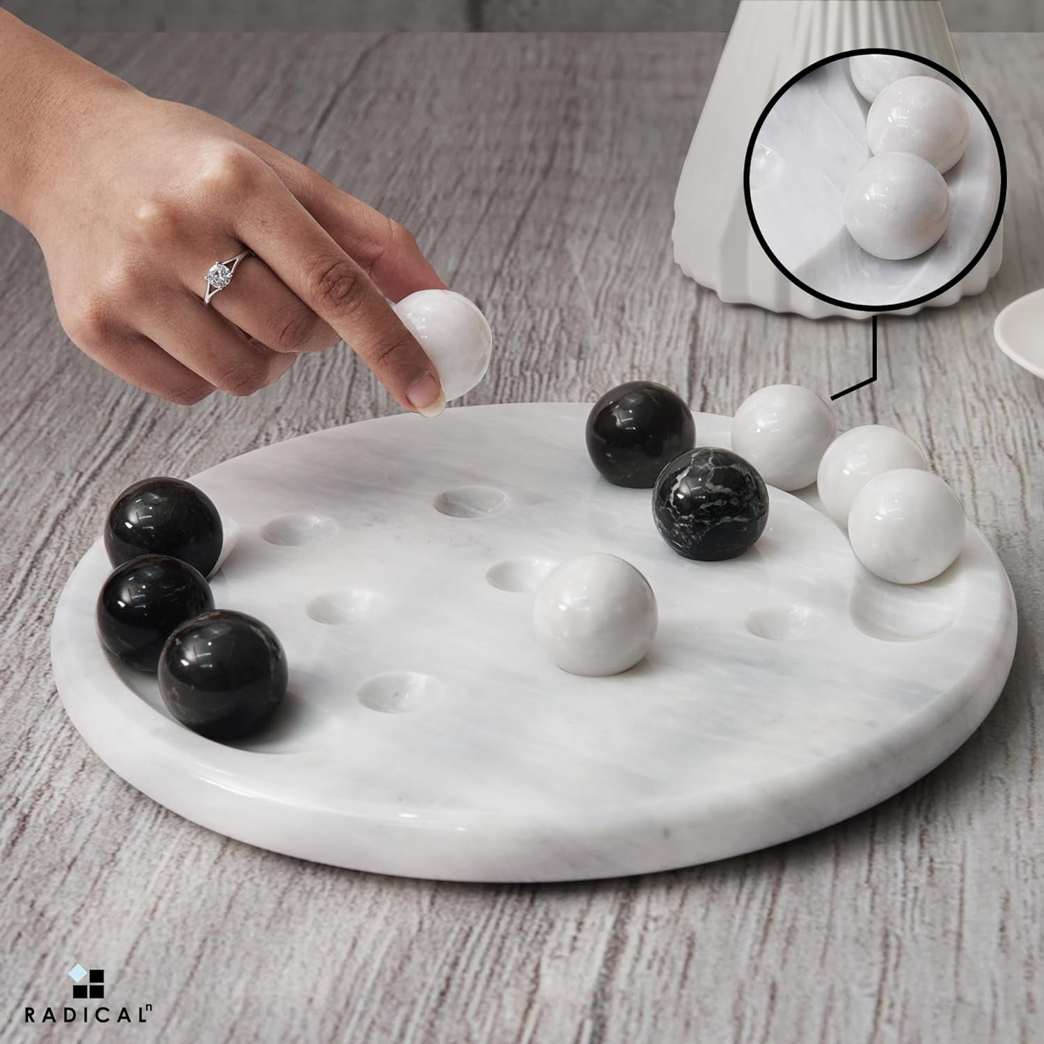 Radicaln Marble Tic Tac Toe 10" Black & White Luxury Board & Lawn Game for Adults, Smart Gift Idea, Minimalist Coffee Table Decor & Conversation Piece