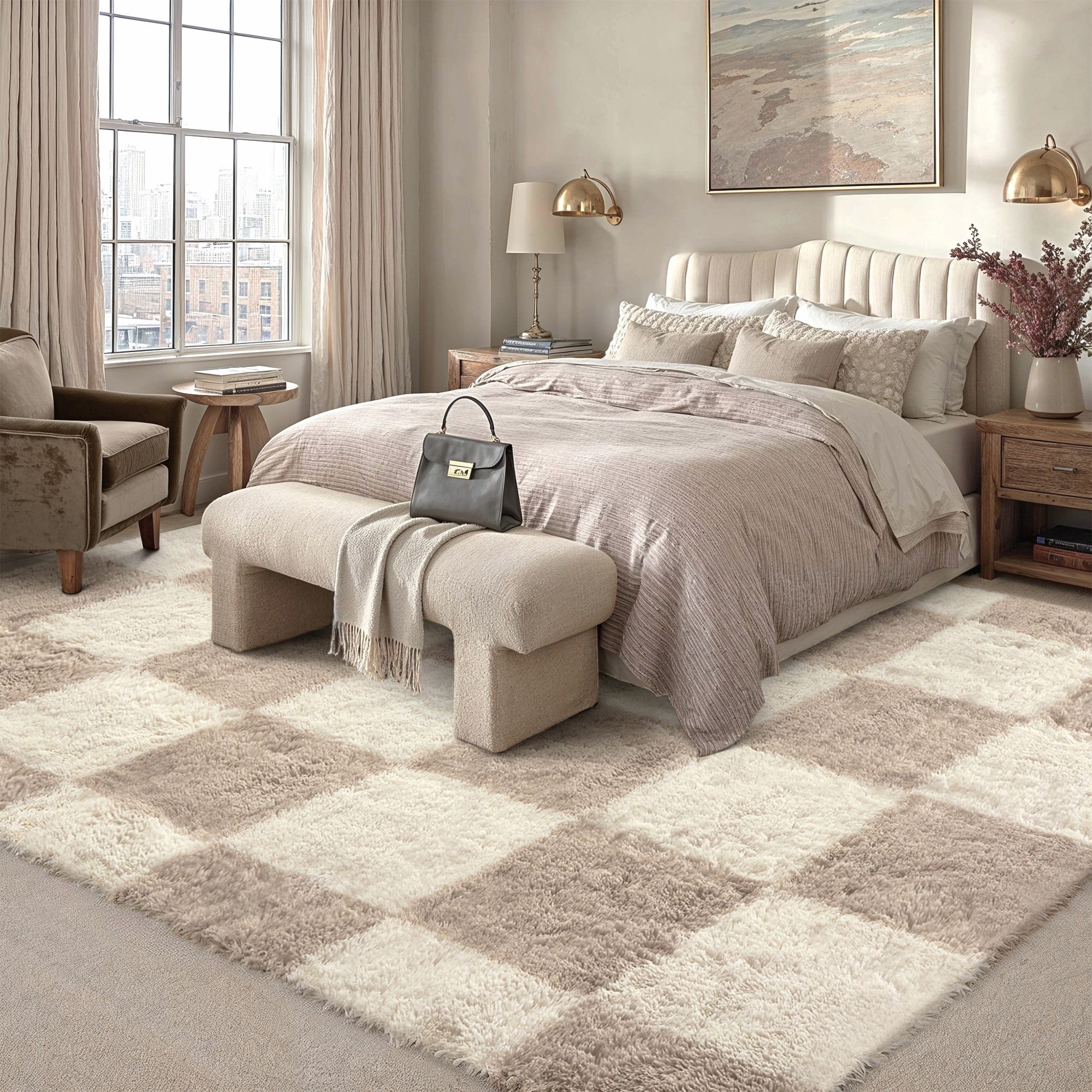 BERTHMEER 9'x12' Shag Area Rugs for Living Room Bedroom Dining Room Office Farmhouse Modern Checkered Contemporary Plush Soft Large Carpets Indoor Fuzzy Fluffy Washable Rugs