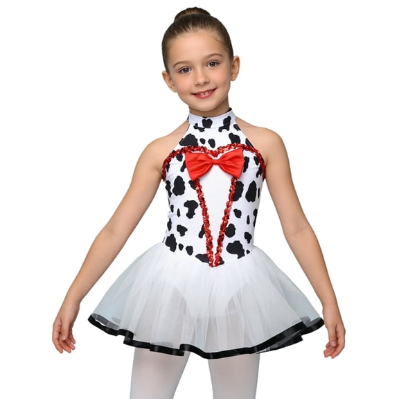 TiaoBug Girls Ballet Tutu Dress Dalmatian Dots Print Sleeveless Gymnastics Leotard Dress for Figure Ice Skating Black White 10