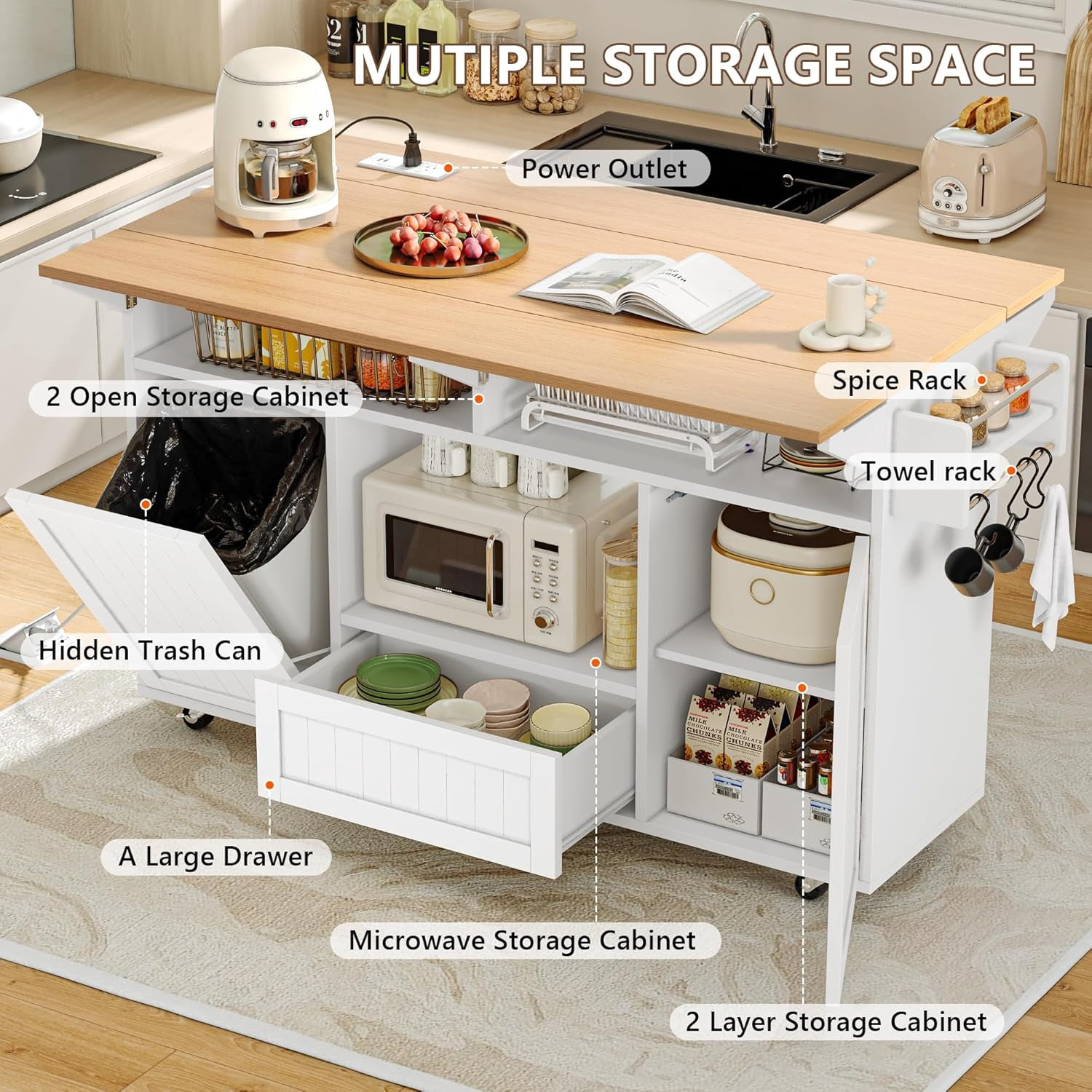 55" Movable Kitchen Island with Drop Leaf and Power Outlet, Rolling Kitchen Cart with Trash Storage Cabinet,White