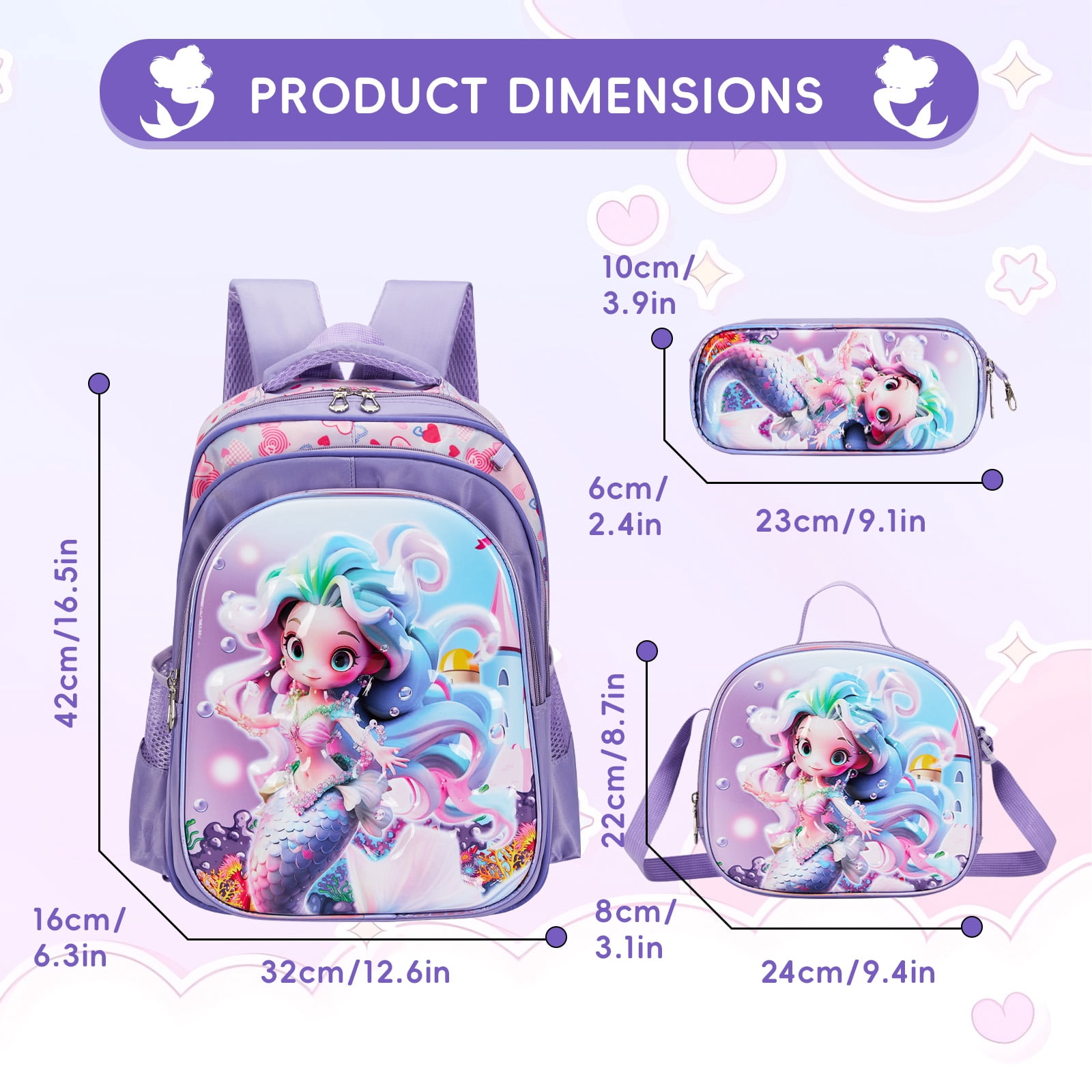 IvyH Rolling Backpack 3pcs Wheeled Backpack Lightweight Waterproof Bag Set with Lunch Bag Pen Case,Purple Mermaid