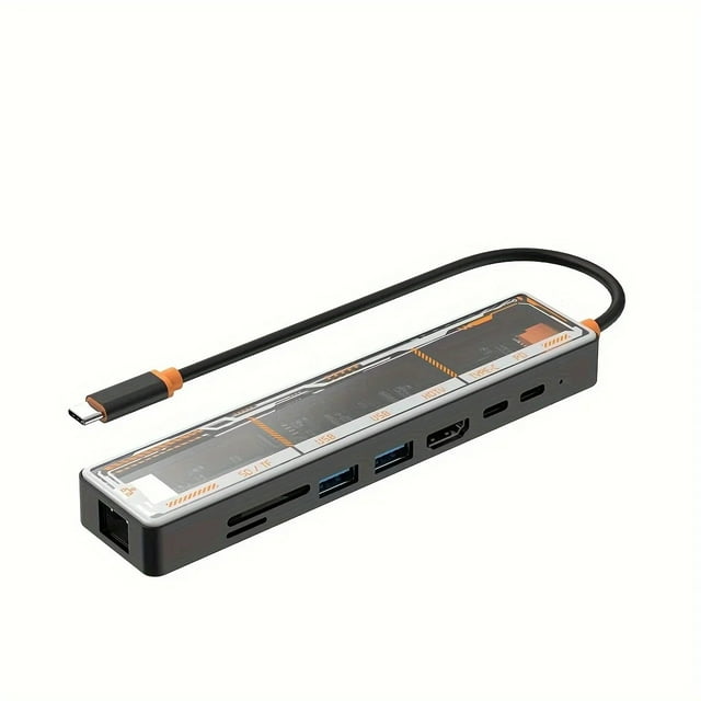 8 In1 Transparent USB-C Docking Station Adapter with HDTV, USB3.0, PD Charging, SD/TF2.0, 100M Ports