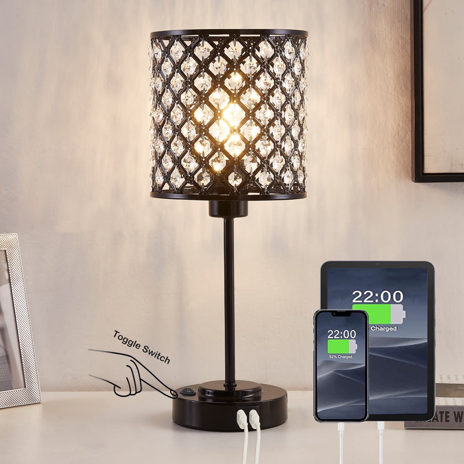 Natyswan Crystal Table Lamp with USB A+C Port, Modern Black Bedside