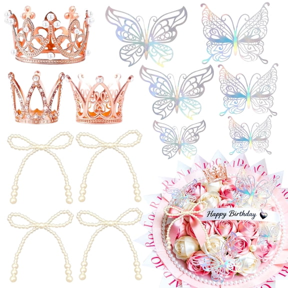 Princess Party Decor Set Rose Gold Romantic Laser Butterflies Pearl Bows Crowns for Birthday Wedding Bridal Showers