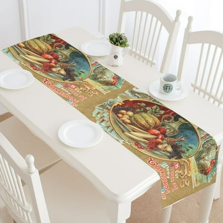 MYPOP Best Wishes Happy Thanksgiving Day Table Runner Home Decor 14x72 Inch,Harvest Festival Turkey Fruit Table Cloth Runner for Wedding Party Banquet