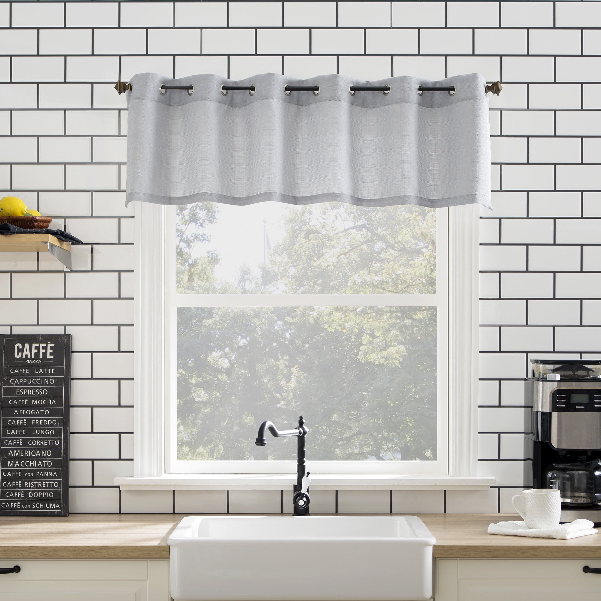 Mainstays Solid Semi Sheer Curtain Tier Pair and Valance Set, 3 Piece Ready Made Kitchen Curtains, Silver, 54" W x 36" L